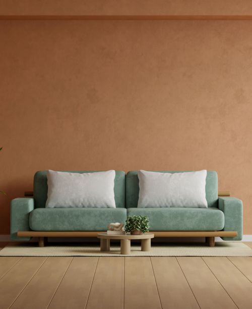 Home interior with green sofa on empty dark brown wall background,Minimal room- 3D rendering